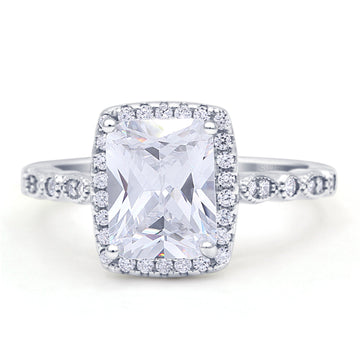 Art Deco Accent Halo Radiant Engagement Ring Cubic Zirconia 925 Sterling Silver Wholesale
